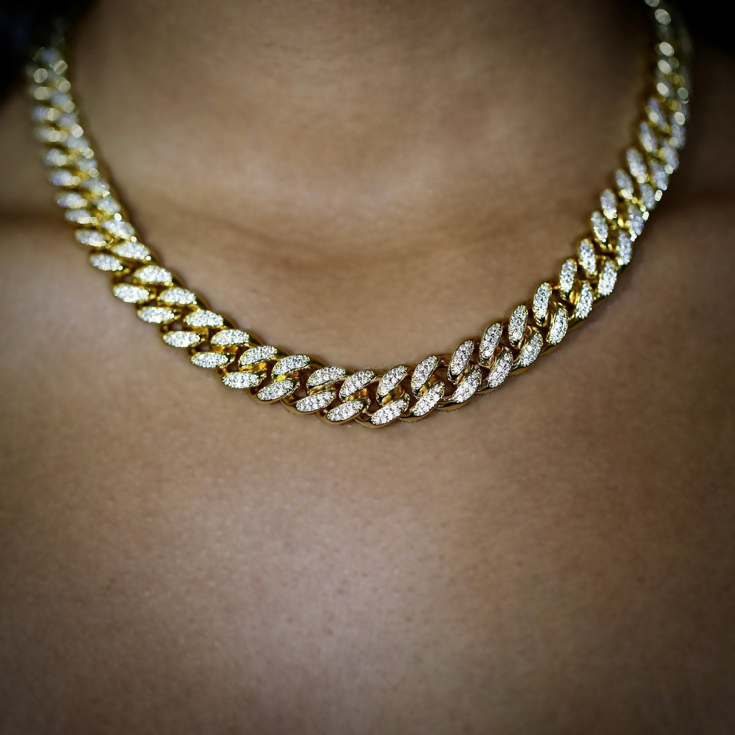 12mm Diamond Cuban Link Yellow Gold Color Choker Necklace - RKSCART