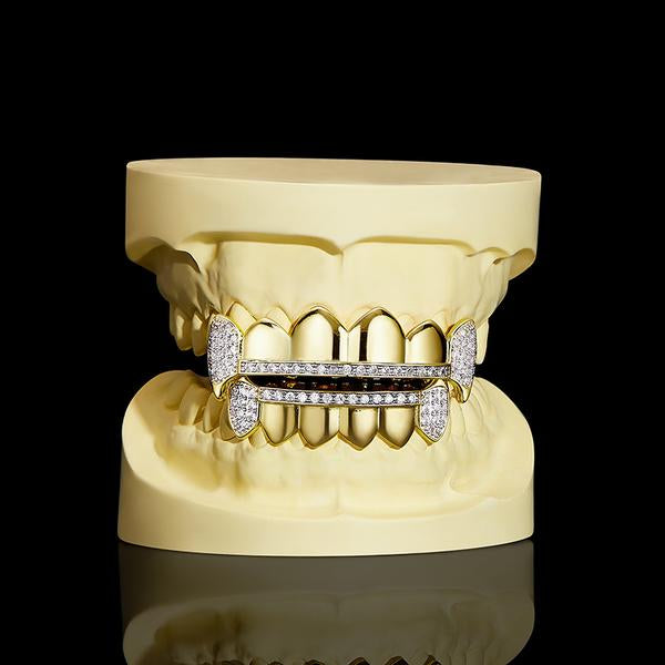 Vampire CZ Iced Out Teeth Grillz Yellow Gold Color