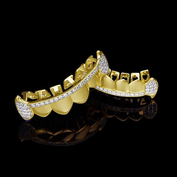 Vampire CZ Iced Out Teeth Grillz Yellow Gold Color