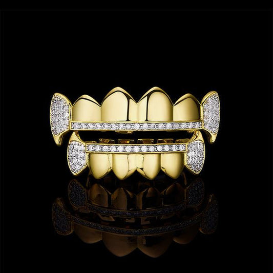 Vampire CZ Iced Out Teeth Grillz Yellow Gold Color