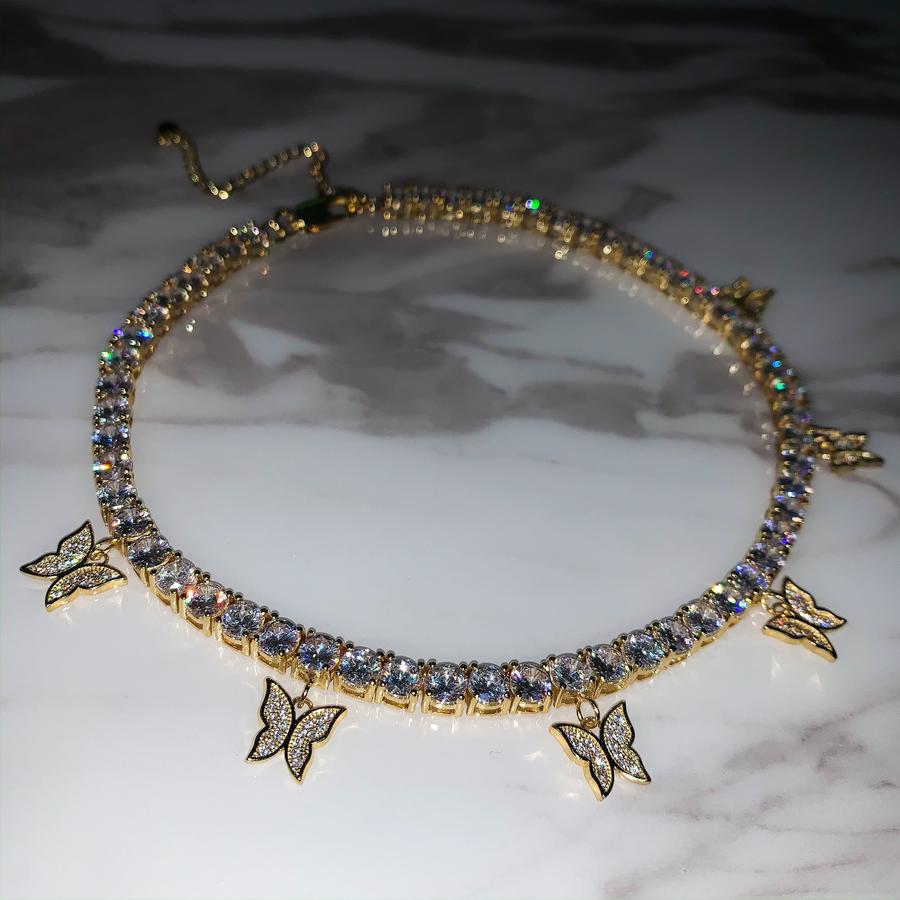 Butterfly cz Tennis Choker Yellow Gold Color Plated