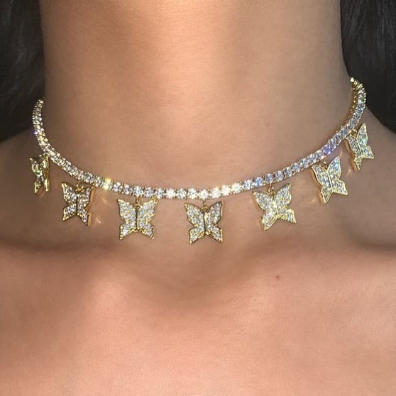 Butterfly cz Tennis Choker Yellow Gold Color Plated