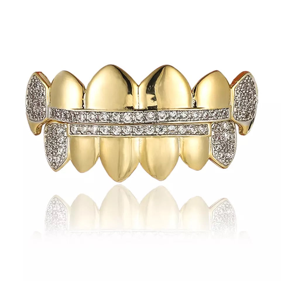 Vampire CZ Iced Out Teeth Grillz Yellow Gold Color