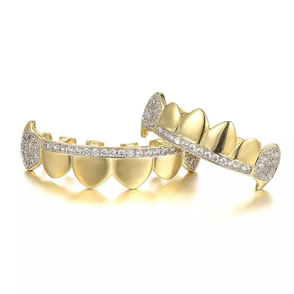 Vampire CZ Iced Out Teeth Grillz Yellow Gold Color